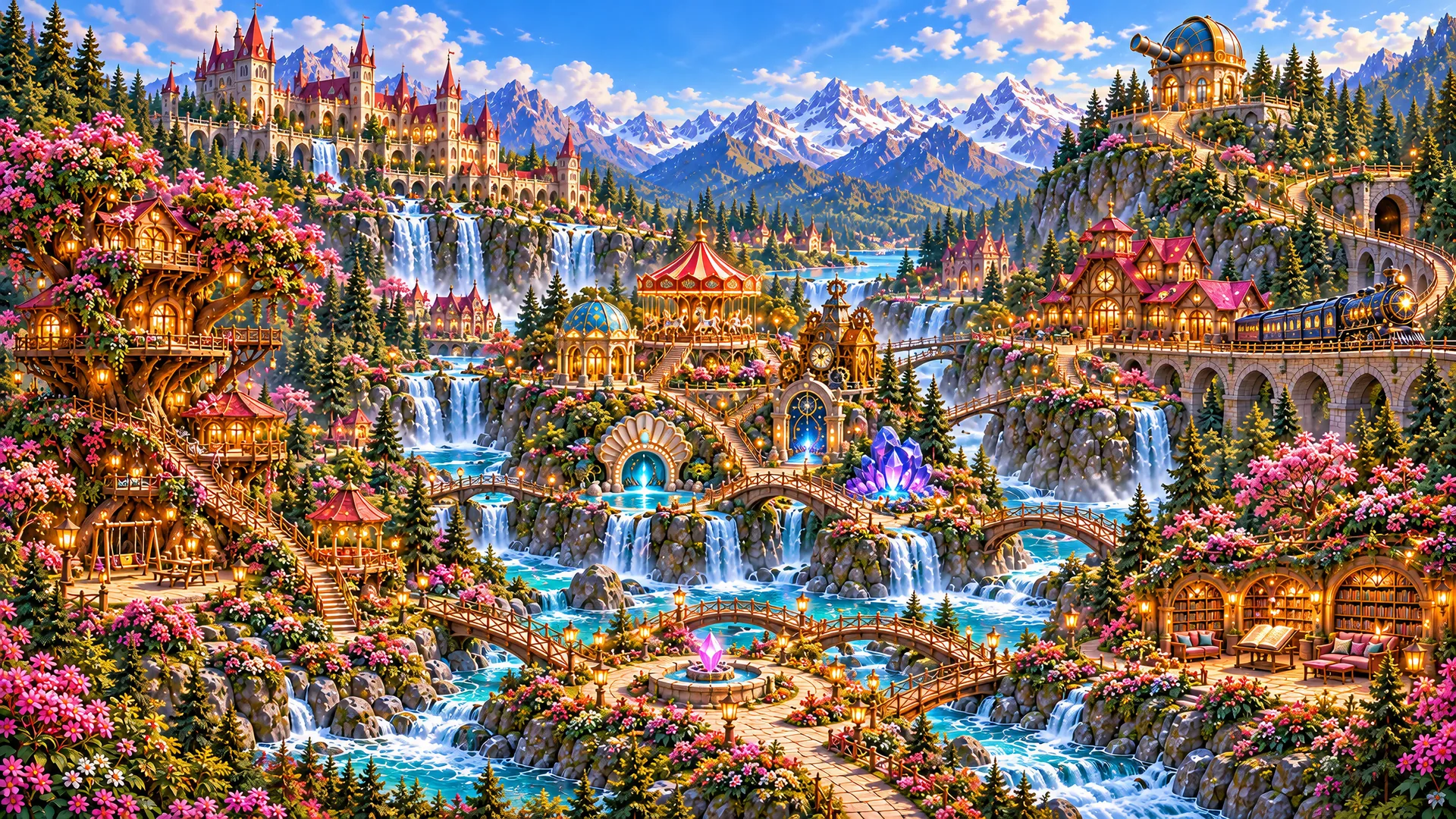 An enchanted valley of tree houses, waterfalls, glowing portals, a railway and a hilltop observatory